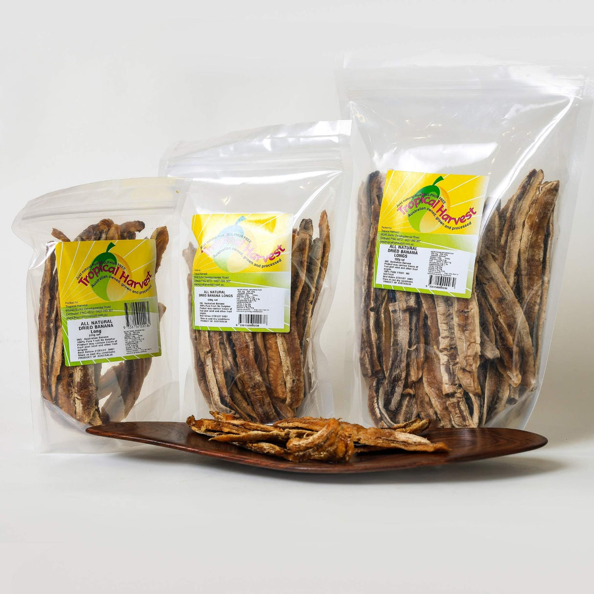 Australian dried banana long available in 220g 600g and 1kg packs