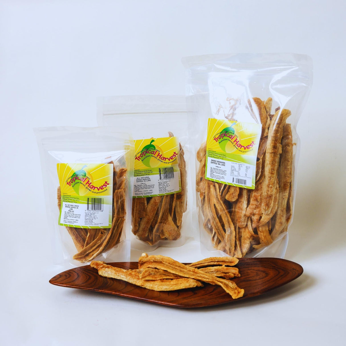 Australian dried banana with lime in 180g, 570g and 1kg packs, sulphur free banana slices with a lighter citrus finish
