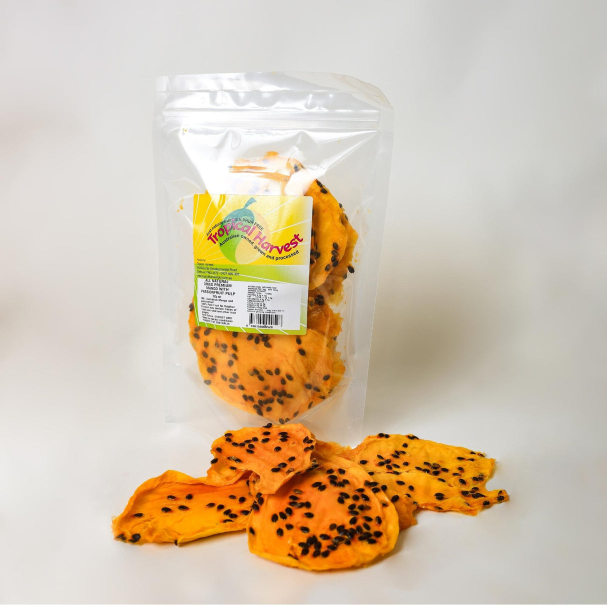 350g Australian dried mango with passionfruit pulp – larger sharing size with real passionfruit seeds.