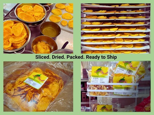 Fresh mango being sliced, dried on trays, then packed in bulk and retail-ready bags by Tropical Harvest in Queensland