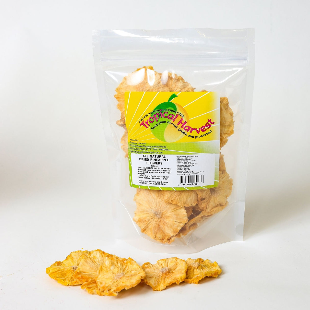 150g pack of dried pineapple flowers showing naturally dried pineapple slices