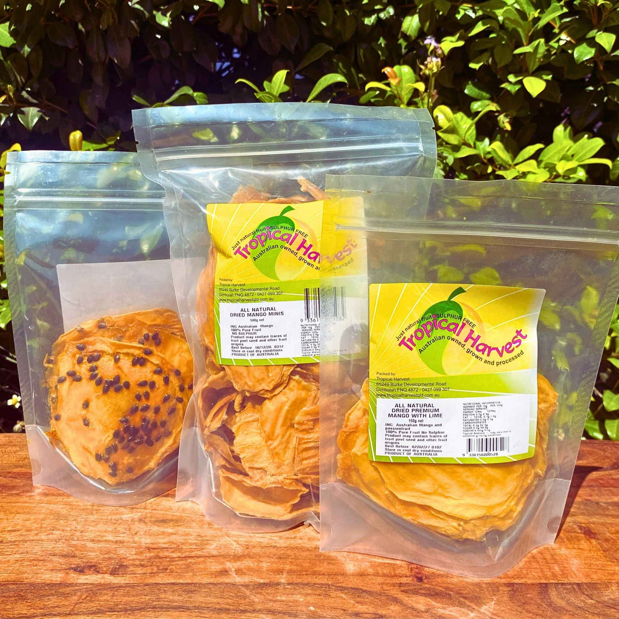 Birthday Mango Bundle with dried mango minis, mango passionfruit and mango lime made from Australian mangoes and dried on farm in North Queensland.
