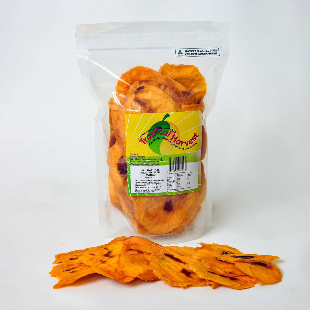 500g pack of Australian caramelised dried mango with rich caramelised mango slices.