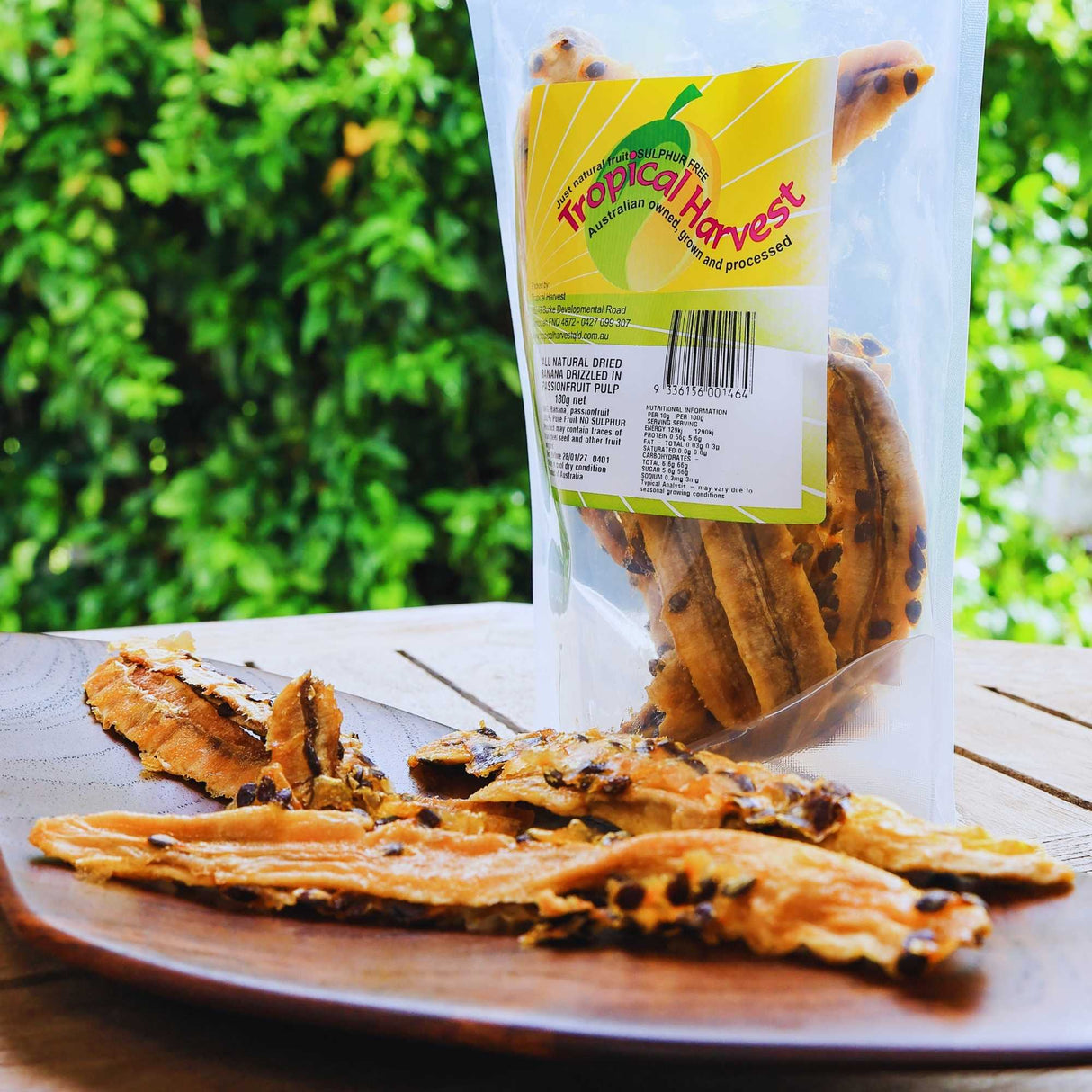 Small pack dried banana passionfruit in natural light with visible fruit texture