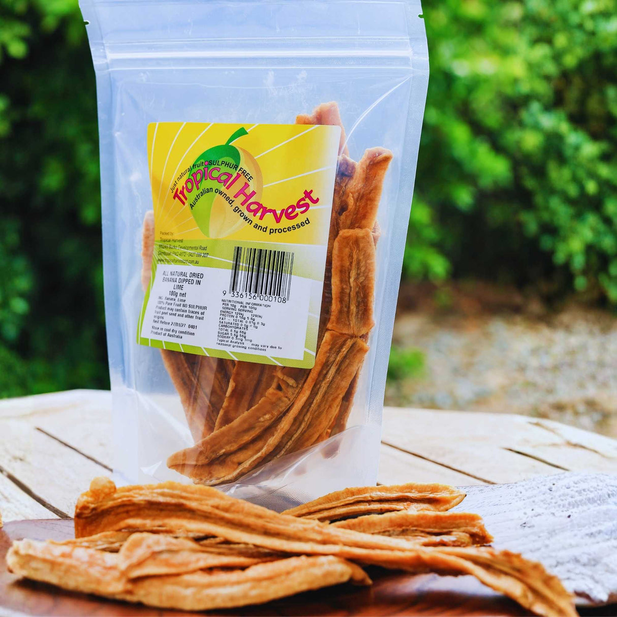 Australian dried banana with lime 180g pack with banana slices, showing real fruit dried without sulphites and with citrus balance