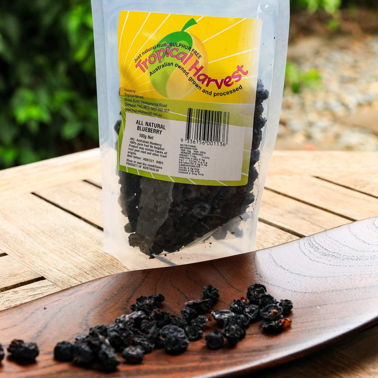 100g pack of dried blueberries displayed naturally showing product quality