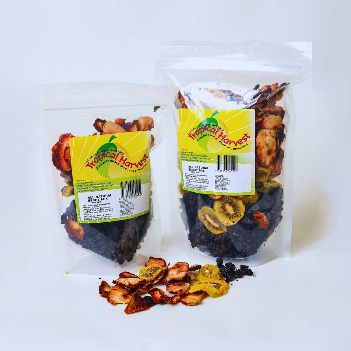 Dried fruit mix available in 230g and 500g packs with kiwi strawberry and blueberry