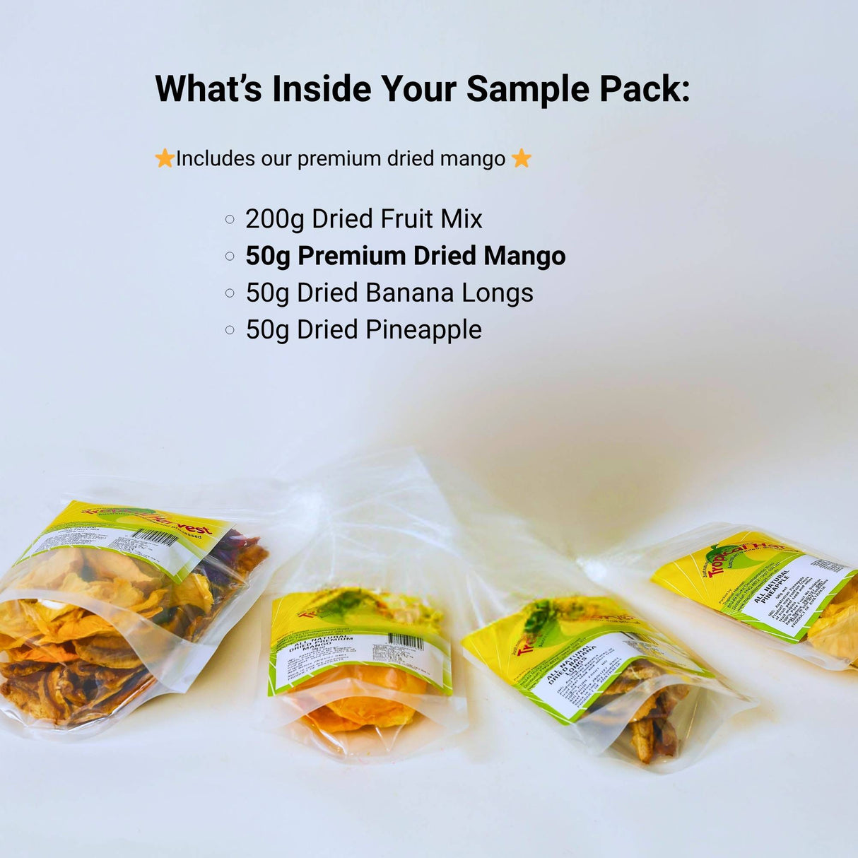 What’s inside dried fruit sample pack including mango, pineapple, banana and dried fruit mix