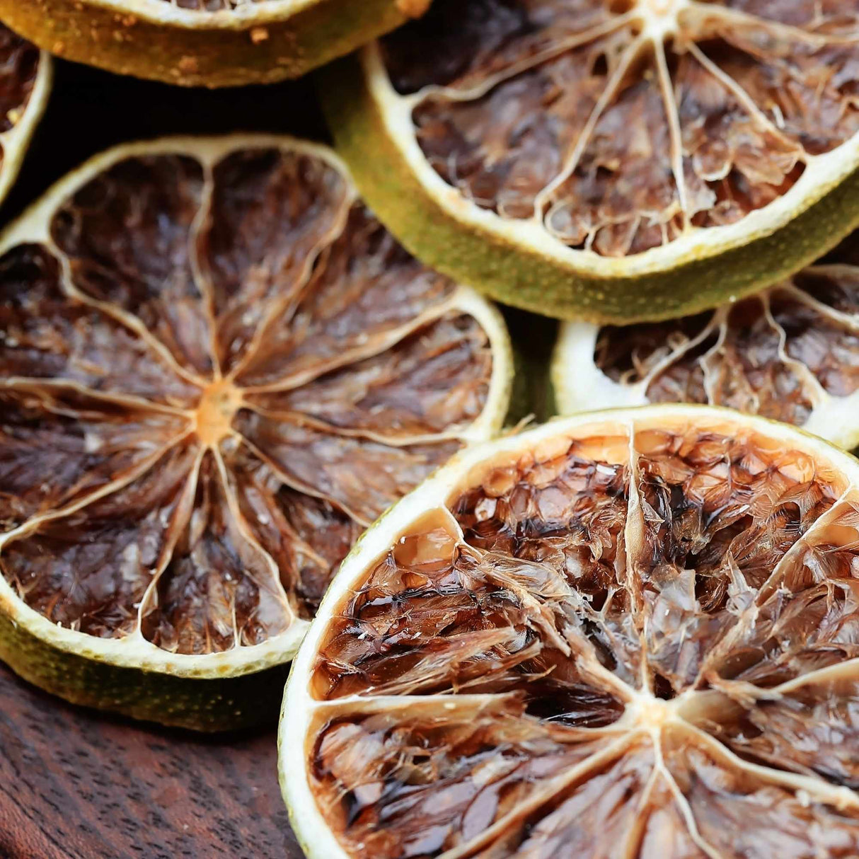 Close-up of dried lime slices showing natural texture color and quality