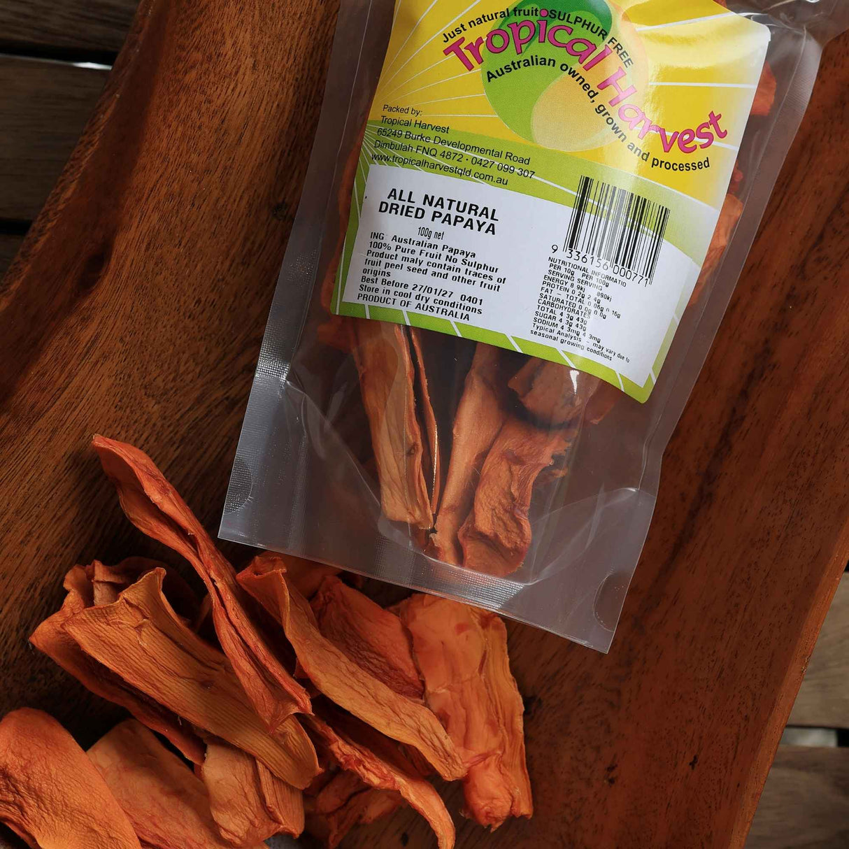 Packaged dried papaya with loose fruit pieces showing quality dried fruit snack Australia