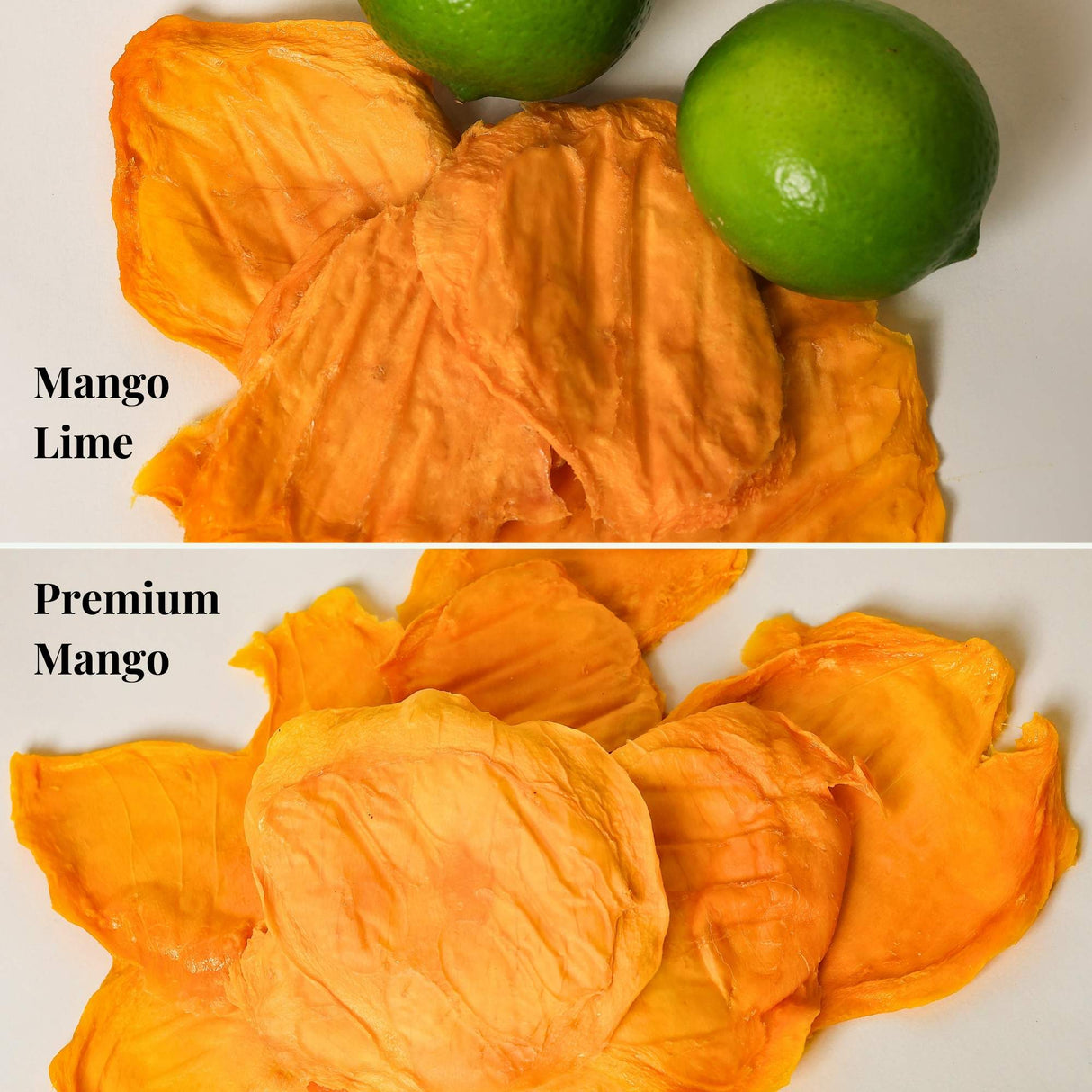 Comparison of mango lime dried mango slices and premium dried mango slices