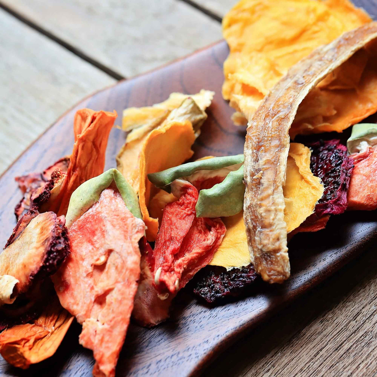 Mixed dried fruit snack from sample pack showing mango pineapple banana and fruit mix pieces