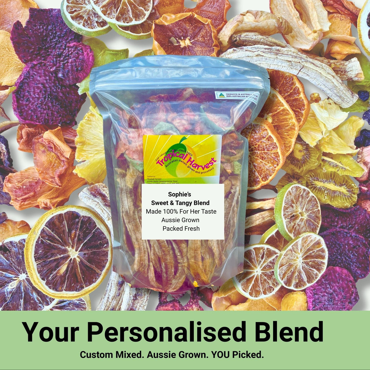 Personalised dried fruit blend made with custom-picked Australian fruits, mixed to order and packed in a resealable pouch
