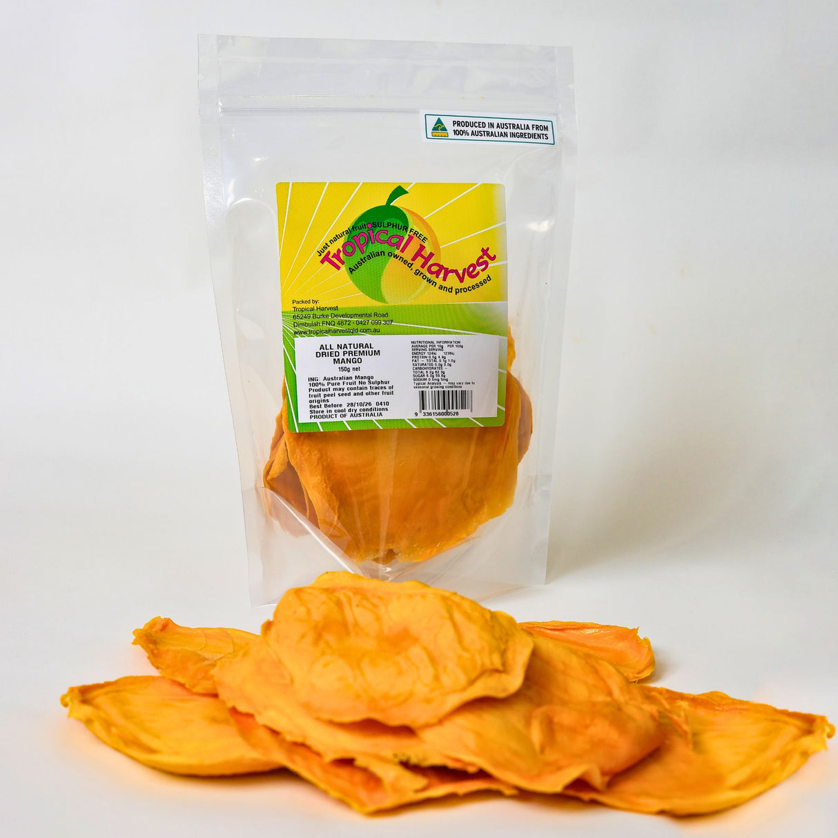 Premium Australian dried mango 150g bag with soft chewy mango slices.