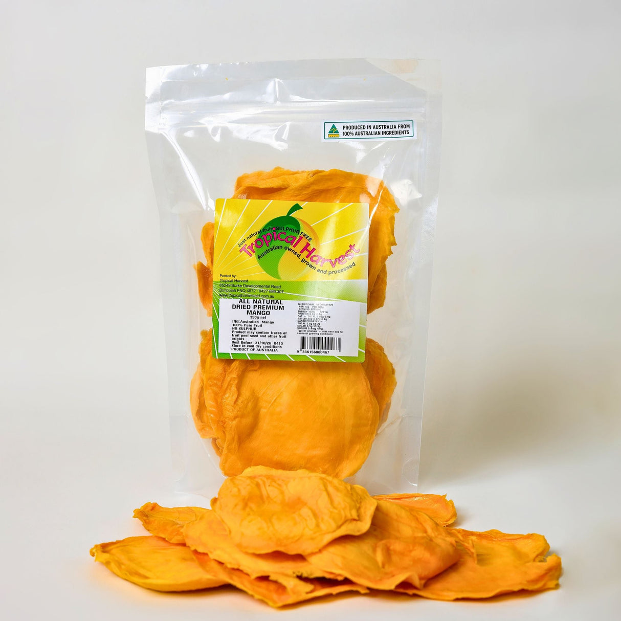 Premium Australian dried mango 350g resealable pouch slow-dried in Queensland.