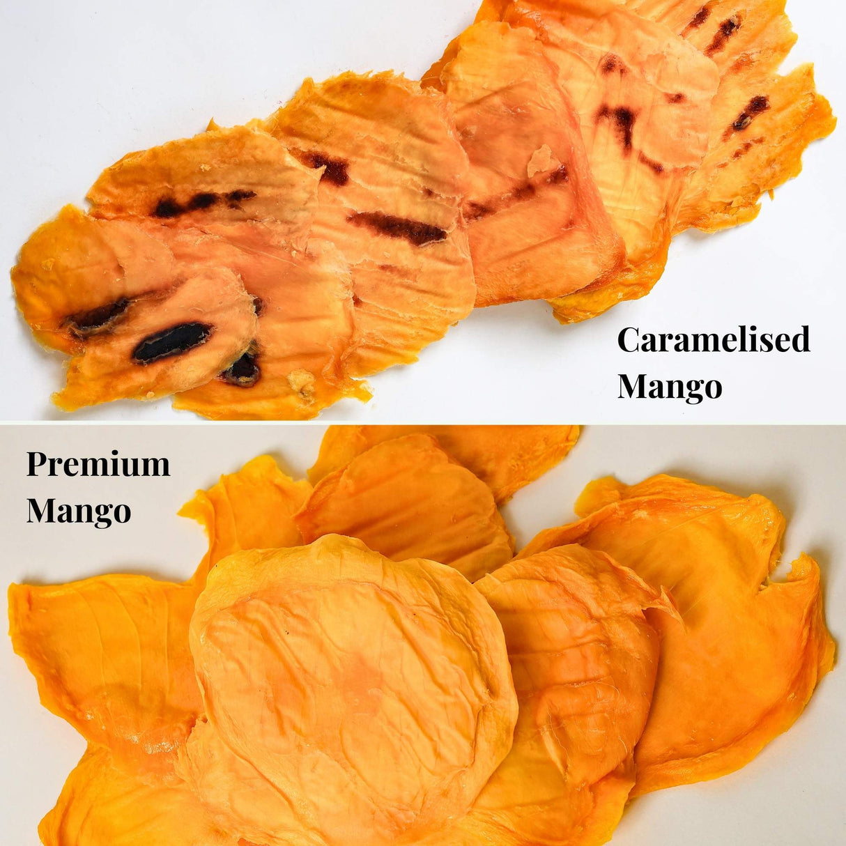 Comparison of premium Australian dried mango and caramelised dried mango showing colour and texture difference.