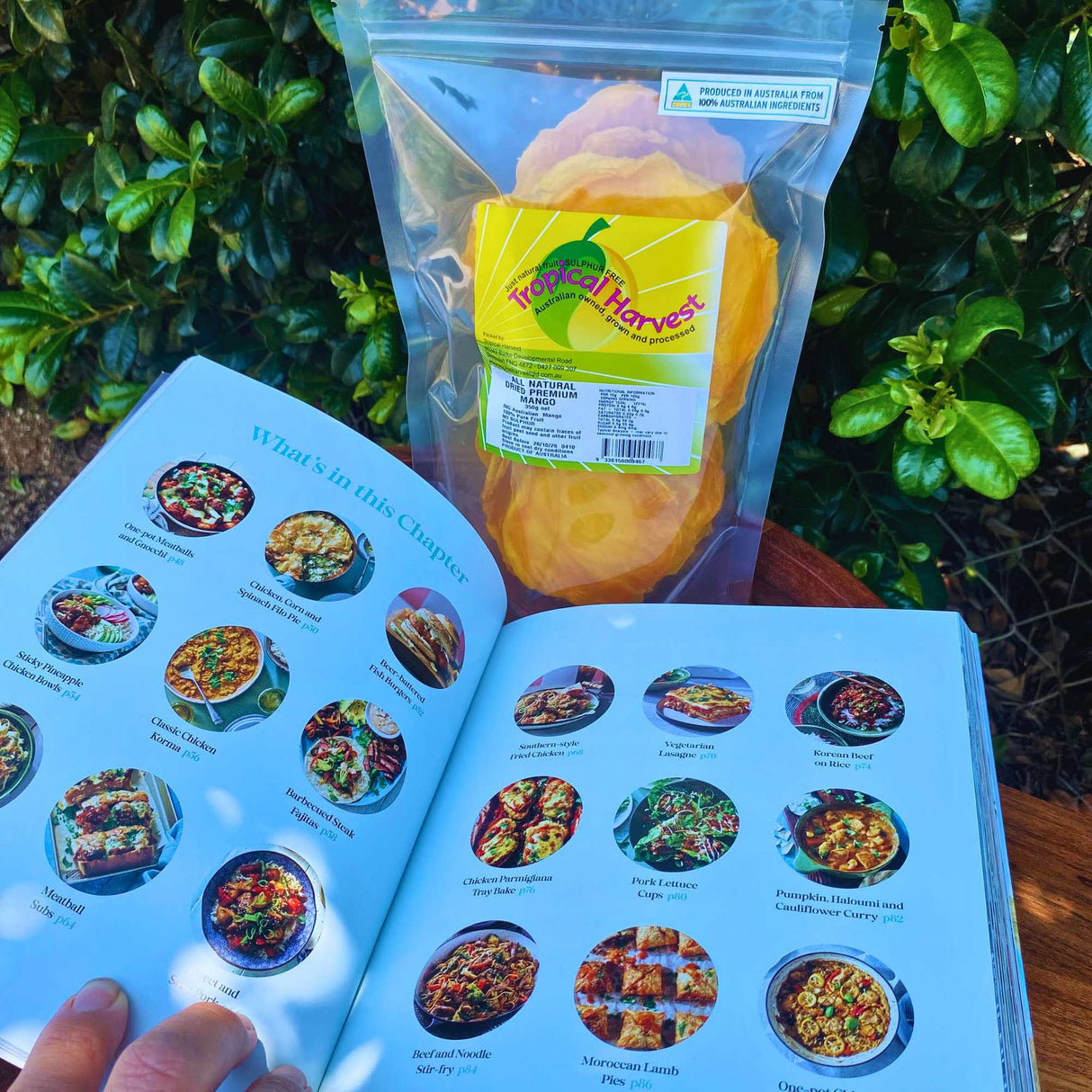 Inside pages of Summer Favourites cookbook with dried mango pack – summer recipe gift idea with Australian dried fruit