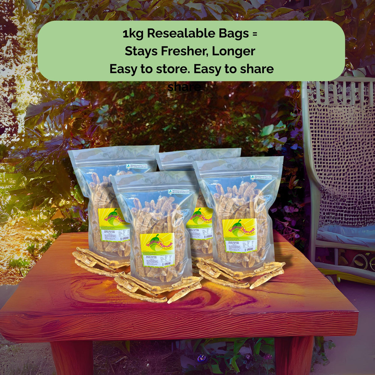 Tropical Harvest dried banana lime in 1kg resealable bags – perfect for keeping your fruit fresh, easy to store and share.