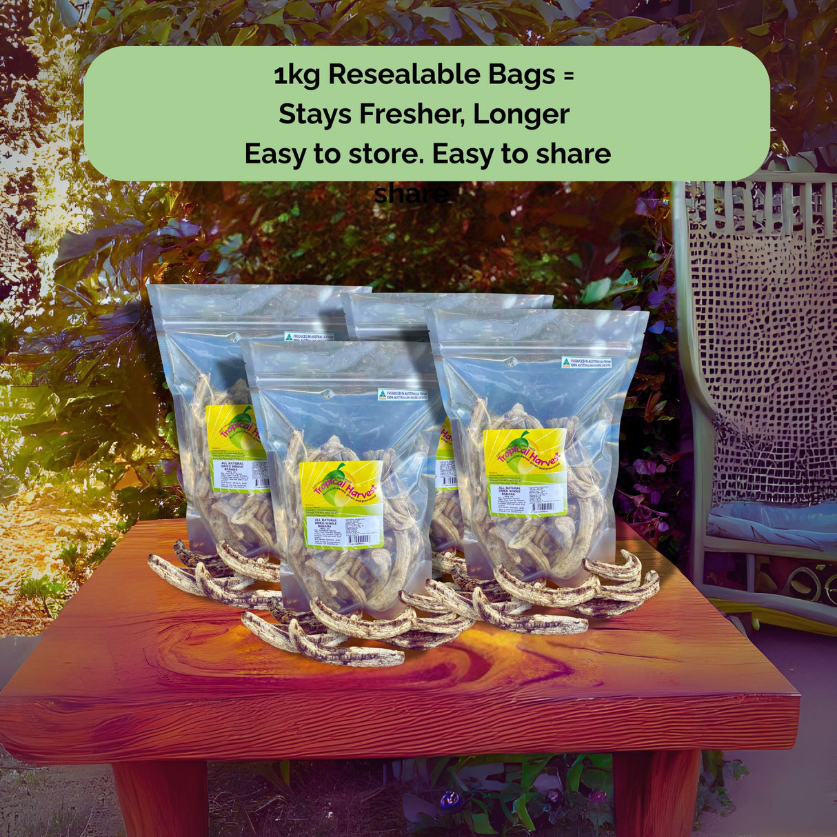 Tropical Harvest dried banana whole in 1kg resealable bags – perfect for keeping your fruit fresh, easy to store and share.