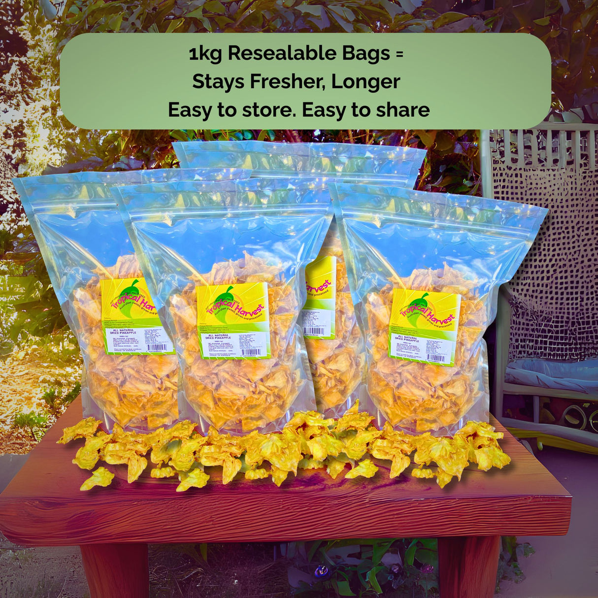 Tropical Harvest dried pineapple in 1kg resealable bags – perfect for keeping your fruit fresh, easy to store and share.
