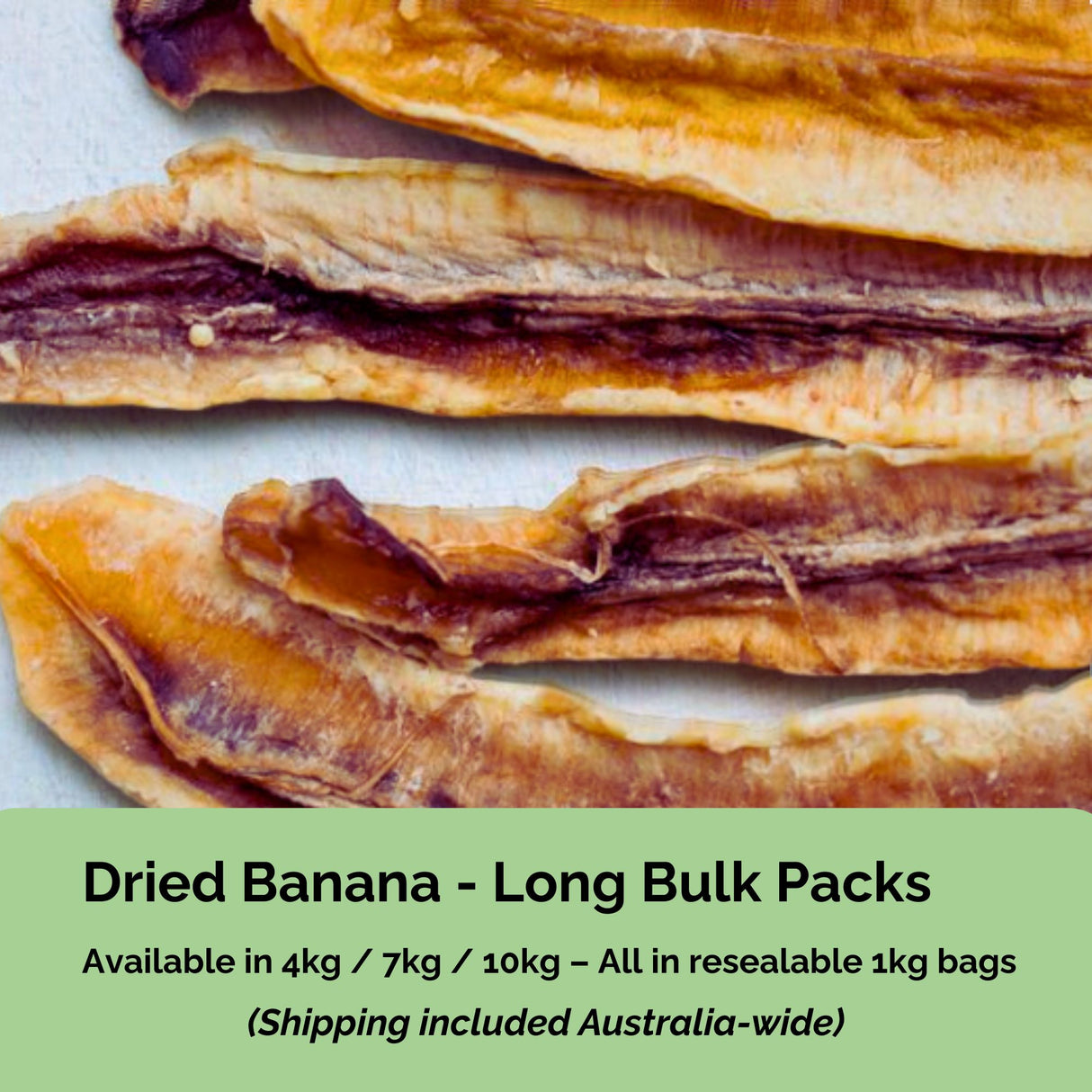 Bulk Australian dried banana long from Tropical Harvest – available in 4kg, 7kg, and 10kg resealable packs with delivery included.