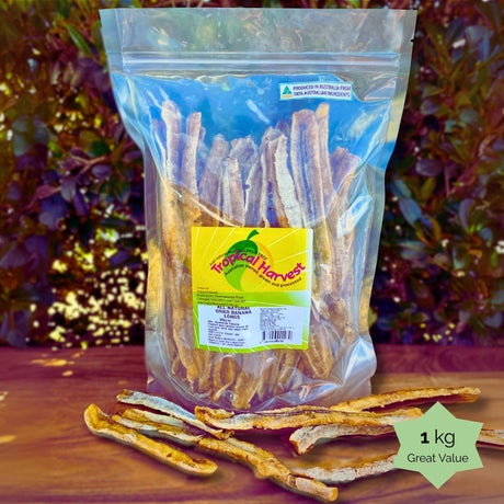 1kg bulk Tropical Harvest dried banana long resealable pack with visible slices. Labeled as "Great Value" β ideal for grazing, sharing, or bulk use.