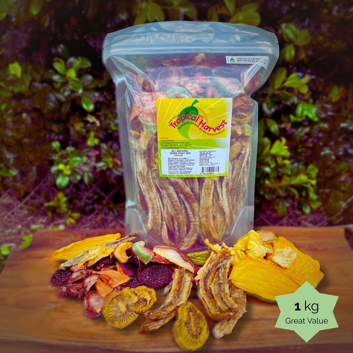 1kg Tropical Harvest dried Australian fruit mix pack with a resealable bag. Naturally sweet, no preservatives. mango, banana, kiwi, dragon fruit, papaya, pineapple, apple, pear, strawberry and watermelon).