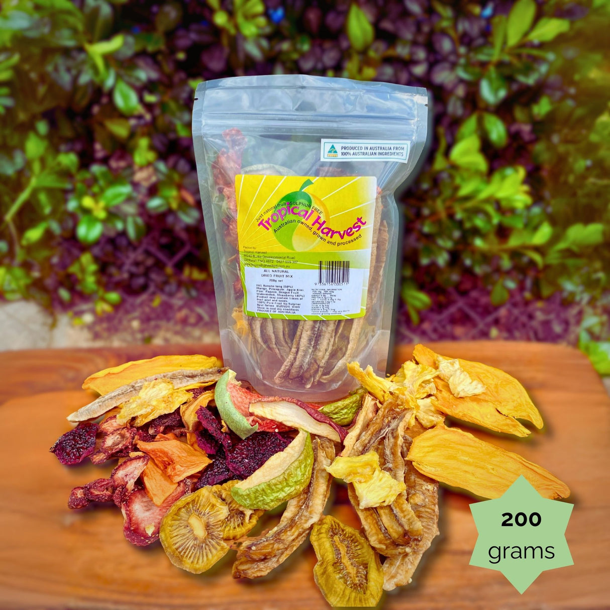 200g Tropical Harvest dried Australian fruit mix pack with a resealable bag. Naturally sweet, no preservatives. mango, banana, kiwi, dragon fruit, papaya, pineapple, apple, pear, strawberry and watermelon).