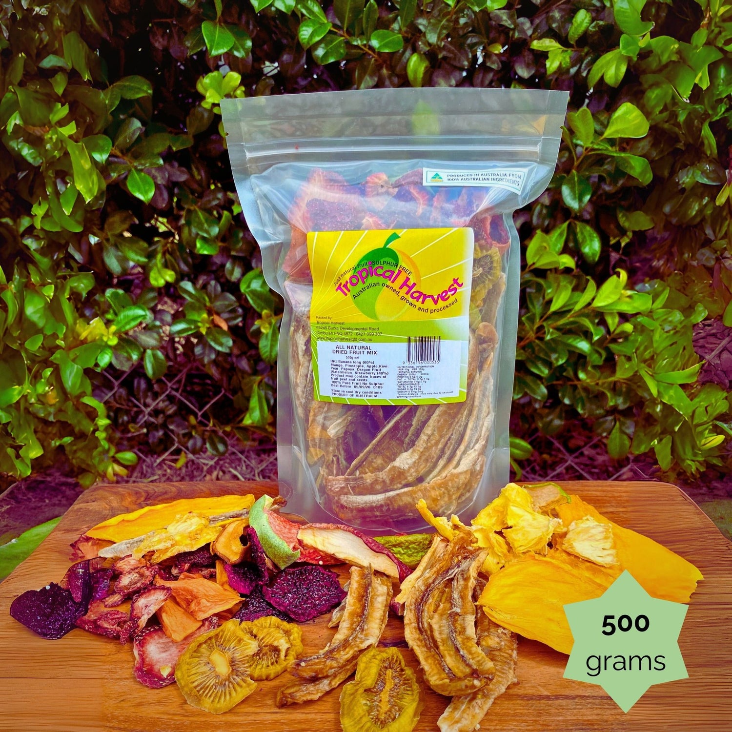 500g Tropical Harvest dried Australian fruit mix pack with a resealable bag. Naturally sweet, no preservatives. mango, banana, kiwi, dragon fruit, papaya, pineapple, apple, pear, strawberry and watermelon).