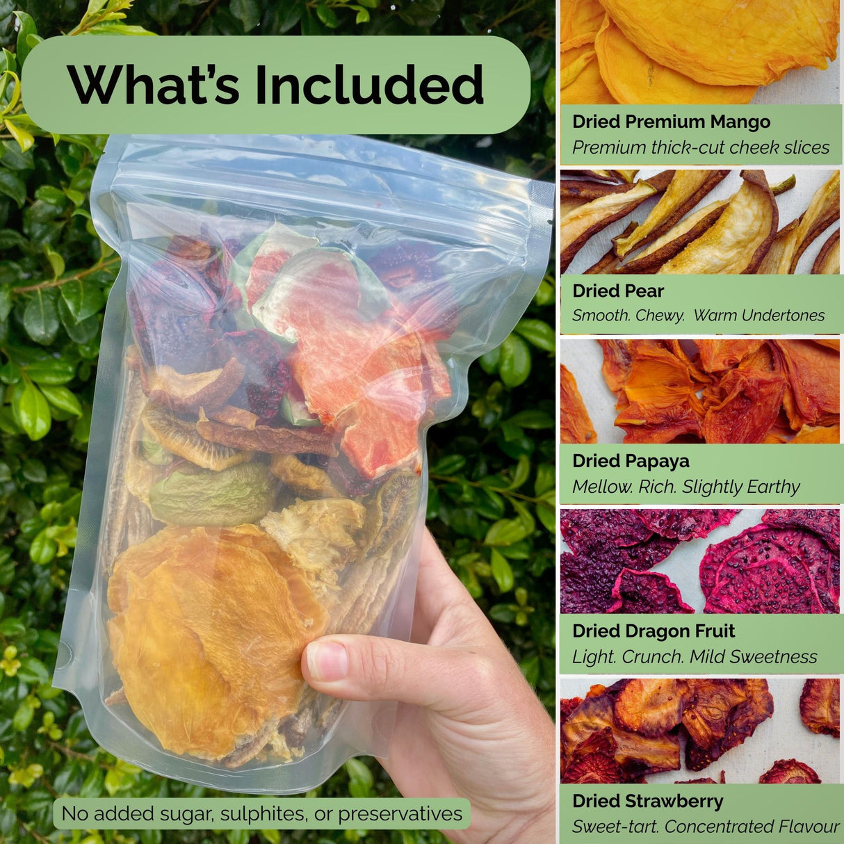 Tropical Harvest dried fruit mix shown in clear pouch, held in hand. Side panel lists included fruits: premium mango, pear, papaya, dragon fruit, and strawberry. 100% natural with no additives.
