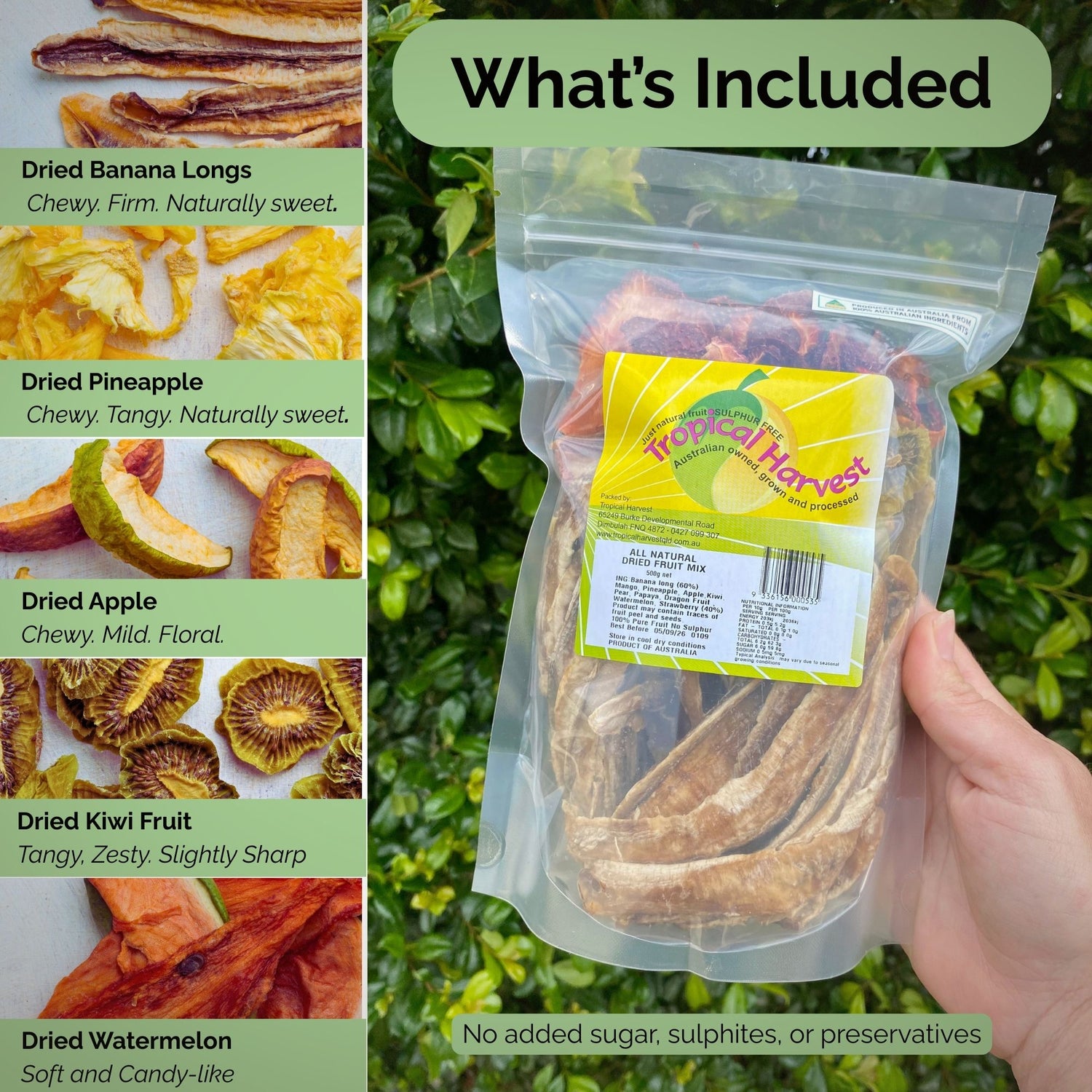 Hand holding Tropical Harvest dried fruit mix pouch with side panel listing included varieties: banana, pineapple, apple, kiwi, and watermelon. No sugar, sulphites, or preservatives.