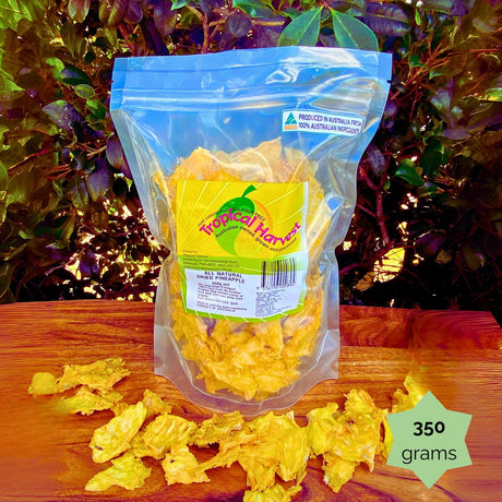 Medium 350g Tropical Harvest dried pineapple pouch. Naturally sweet, Australian-grown fruit with no additives.