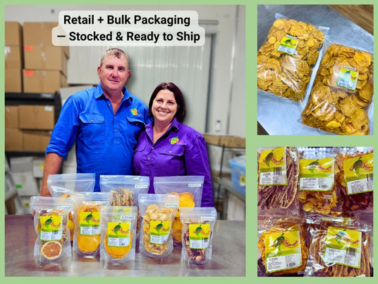 Tropical Harvest founders with packaged dried fruit for wholesale – retail and bulk supply ready for dispatch
