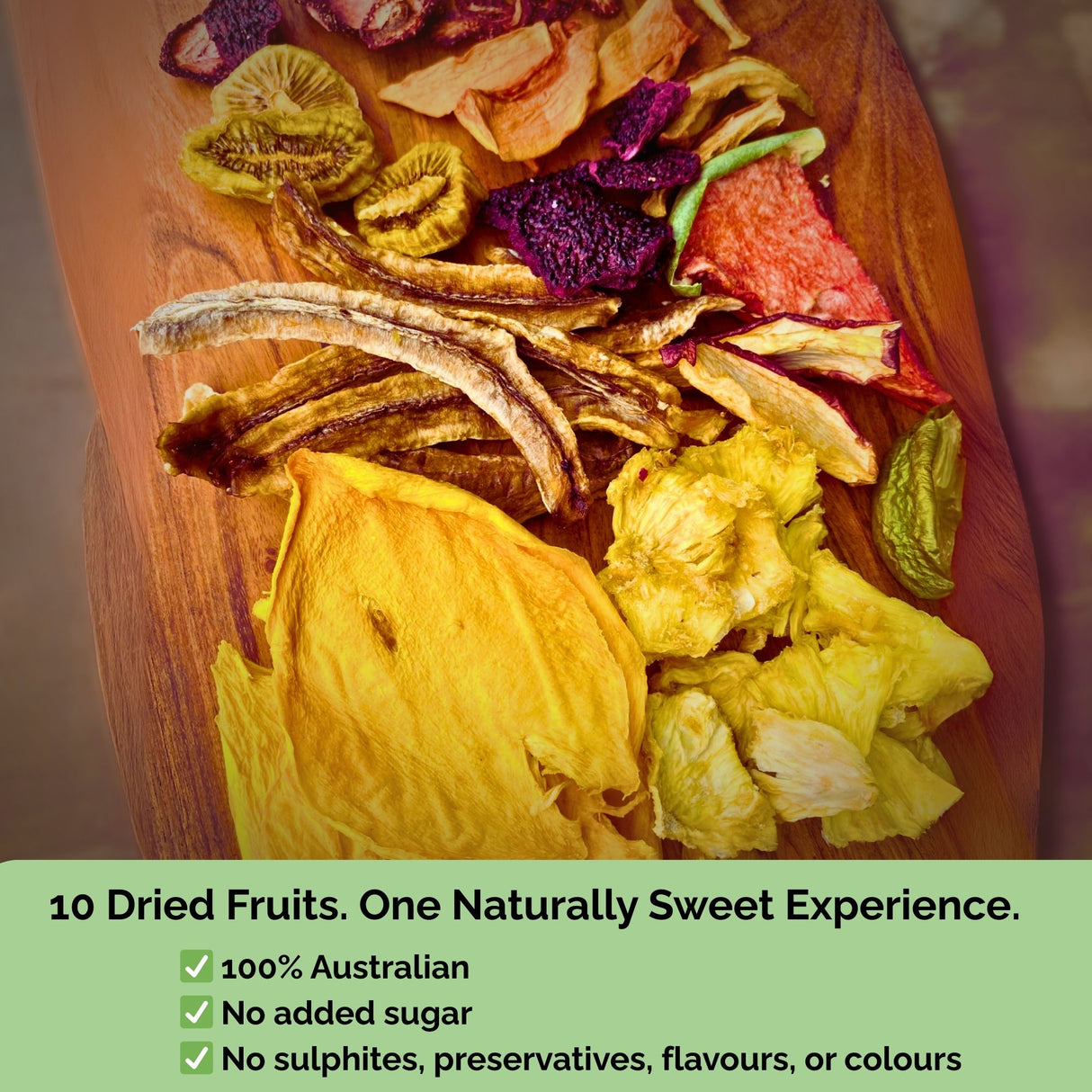 Tropical Harvest dried fruit mix displayed on wood with overlay “No Added Sugar, No Preservatives” — natural, pure blend.