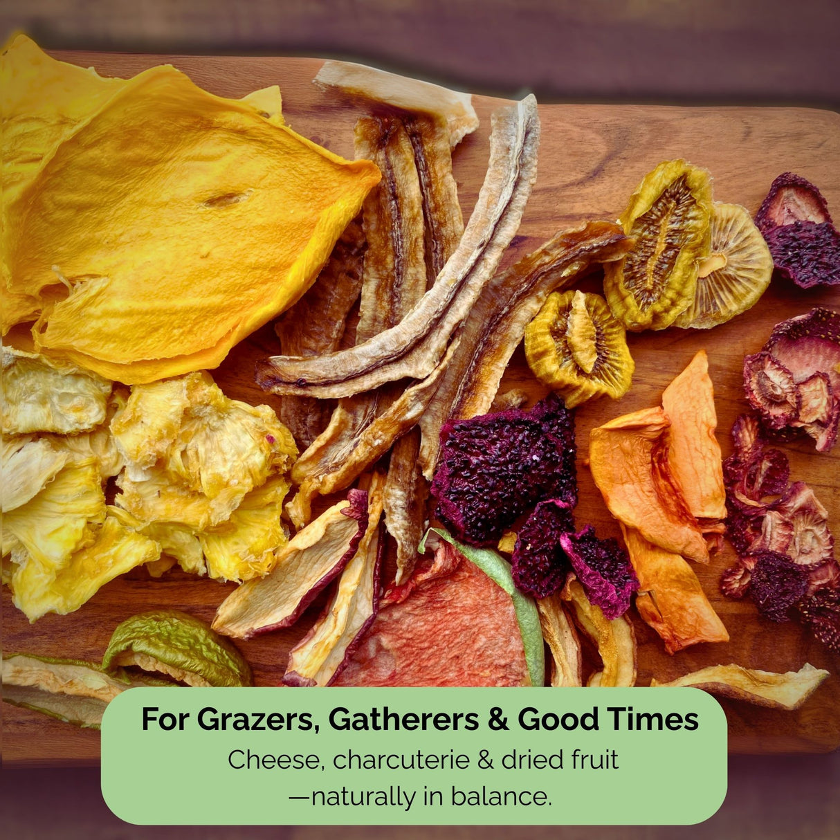 Dried fruit mix arranged on a grazing board with cheese & nuts — ideal for entertaining or platters.