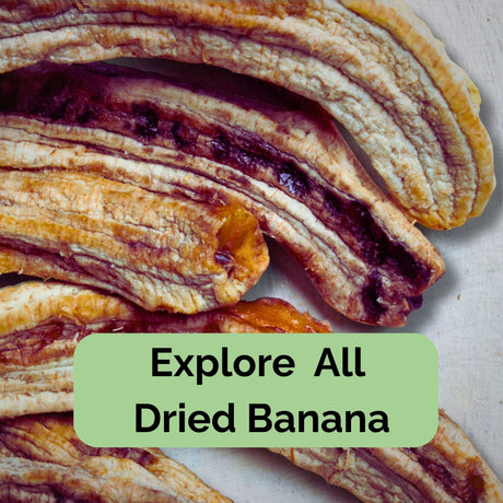 Close-up of dried Australian whole bananas – soft, chewy texture with golden tones and natural dark ripples. Part of the Tropical Harvest dried banana range.