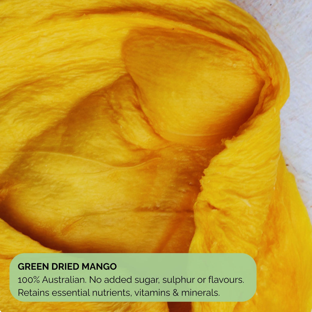 Overlay image of Australian green dried mango stating it's 100% natural with no added sugar, sulphur, or flavours, and retains essential nutrients.