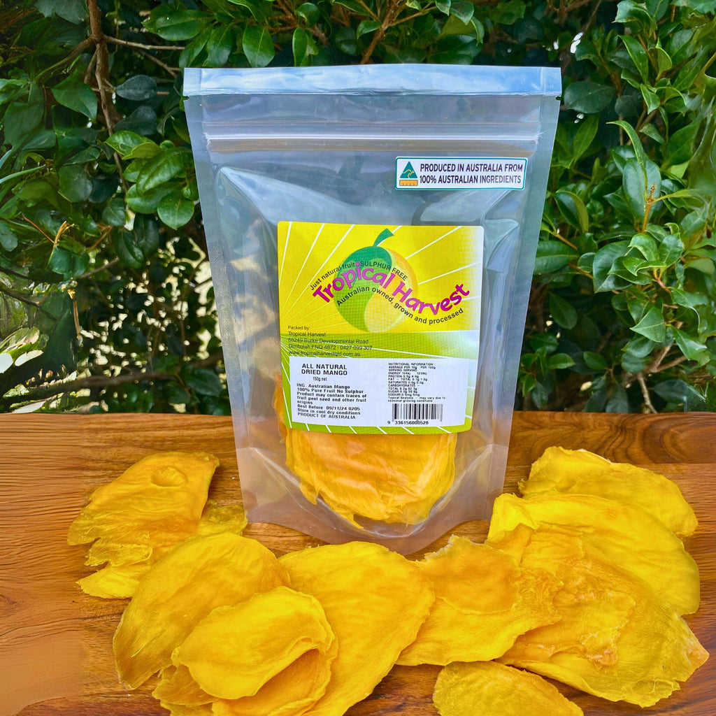 150g pack of premium dried mango cheek slices made from 100% Australian mangoes, displayed with loose slices in front of resealable bag