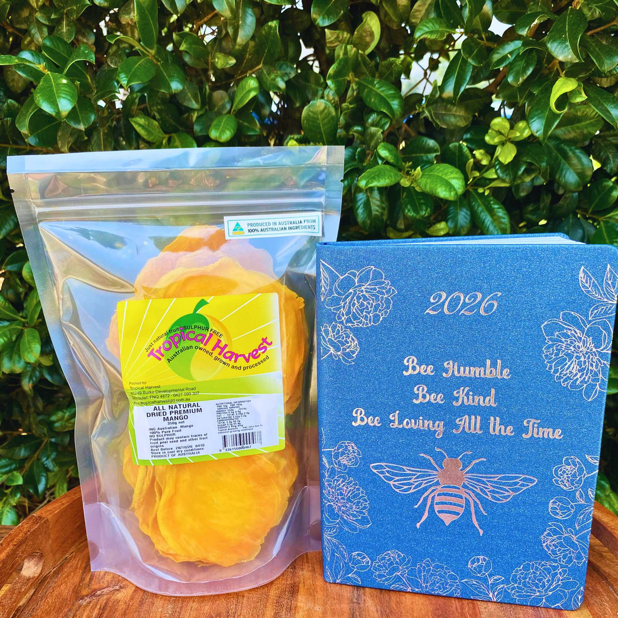 Navy bee 2026 diary and premium dried mango gift pack shown as Christmas gift set