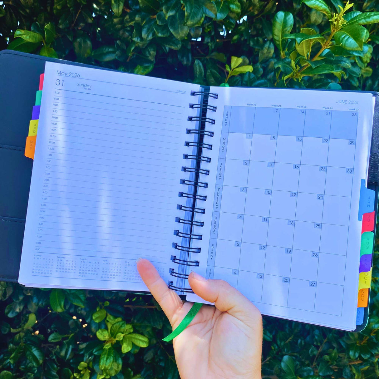 Inside view of 2026 planner showing monthly and weekly spreads with colourful tabs