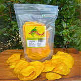 500g pack of premium dried mango cheek slices made from 100% Australian mangoes, displayed with loose slices in front of resealable bag