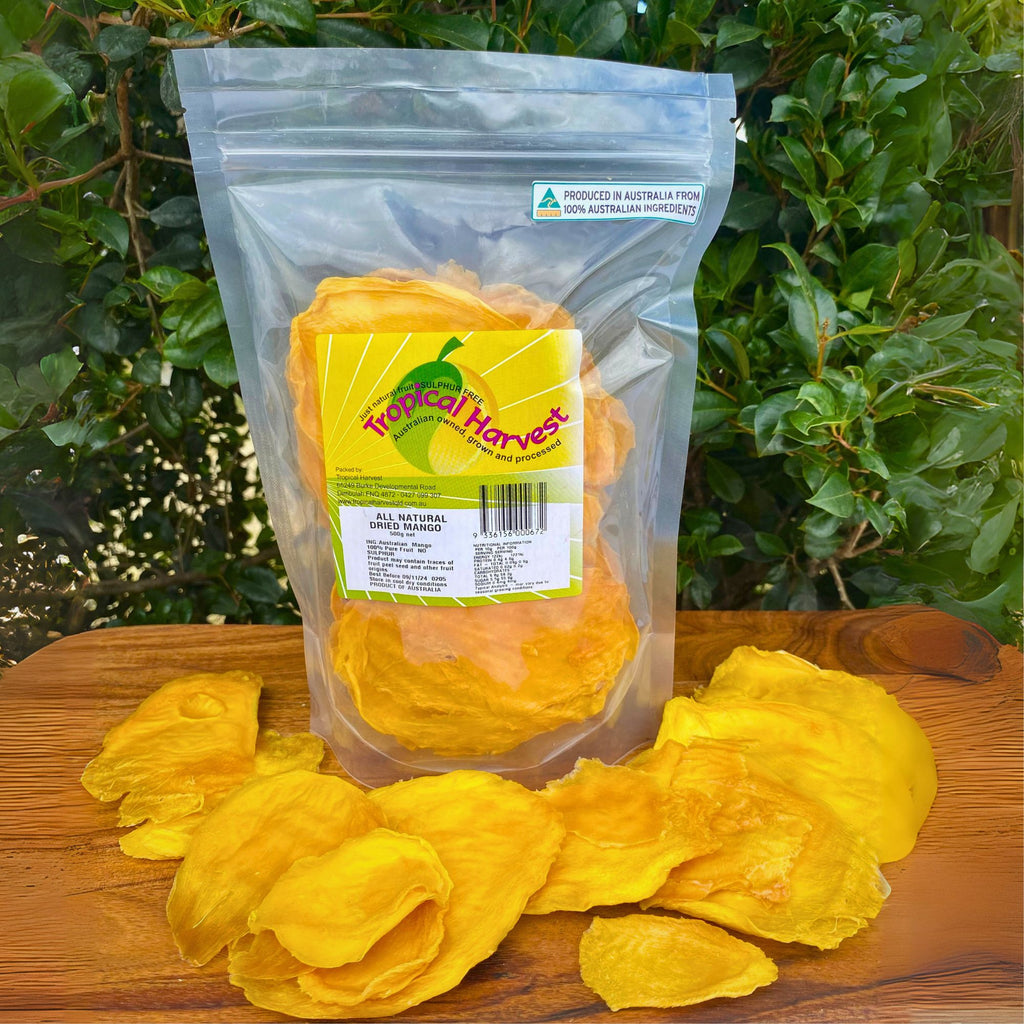 500g pack of premium dried mango cheek slices made from 100% Australian mangoes, displayed with loose slices in front of resealable bag