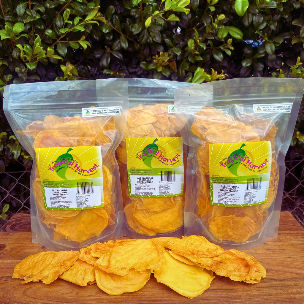 3x500g pack of standard dried mango cheek made from 100% Australian mangoes, displayed with loose slices in front of resealable bag


