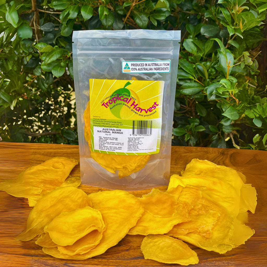 Small 70g pack of premium dried mango cheek slices made from 100% Australian mangoes, displayed with loose slices in front of resealable bag