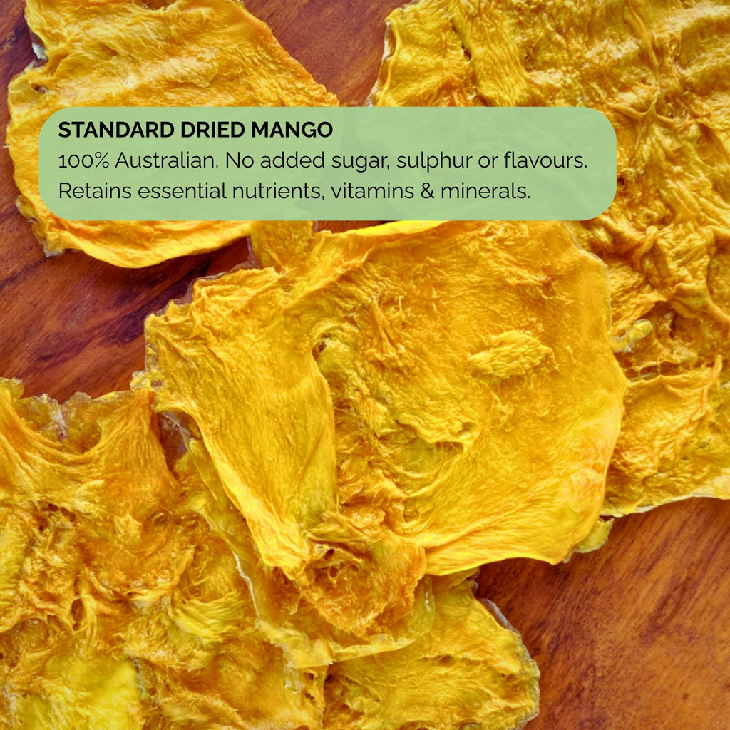 Standard dried mango slices with overlay text highlighting 100% Australian, no added sugar, sulphur, or flavours

