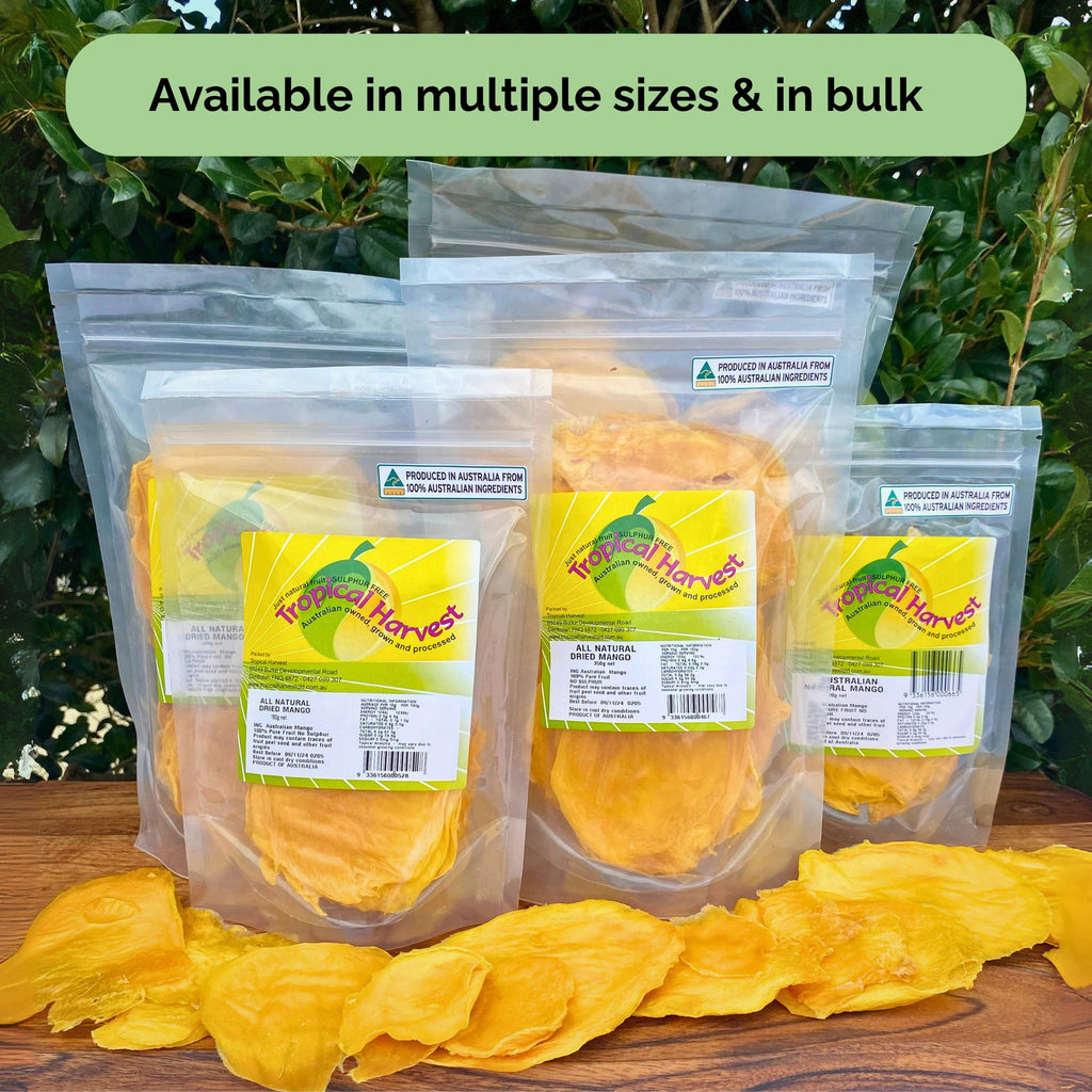 Four resealable packs of dried Australian mango cheek slices in 70g, 150g, 500g, and 1kg sizes with mango pieces displayed in front
