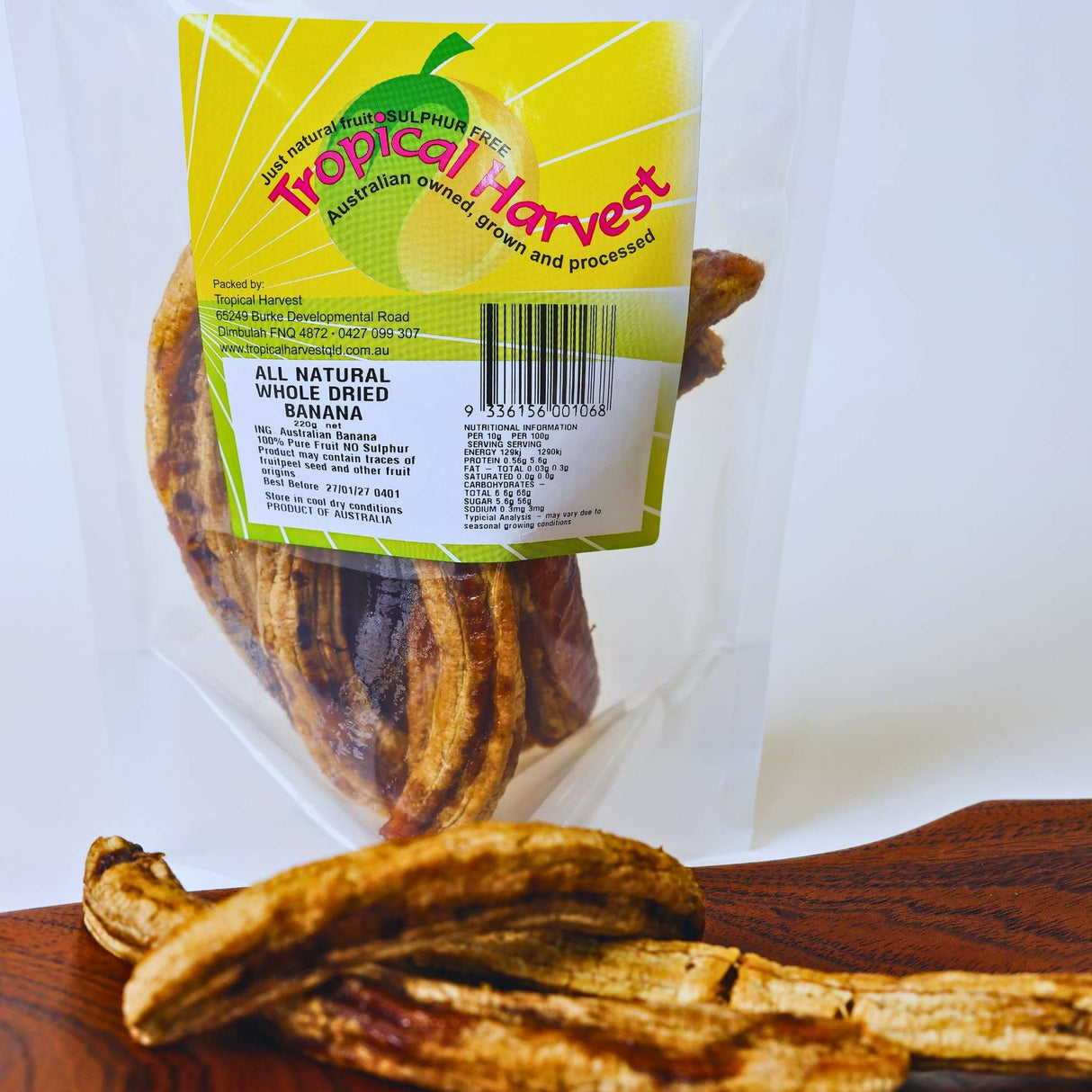 220g pack of Australian dried banana whole slow-dried for natural sweetness and chewy texture