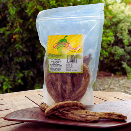 Australian dried banana whole in a 550g resealable pack photographed outdoors showing natural dried fruit pieces