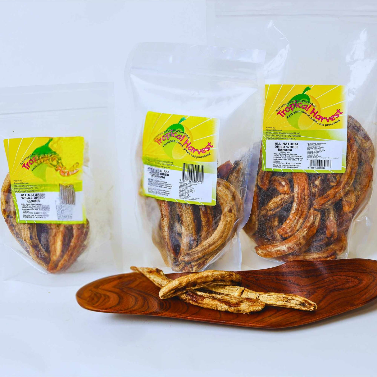 Australian dried banana whole available in 220g, 550g and 1kg resealable packs made from slow-dried Australian bananas