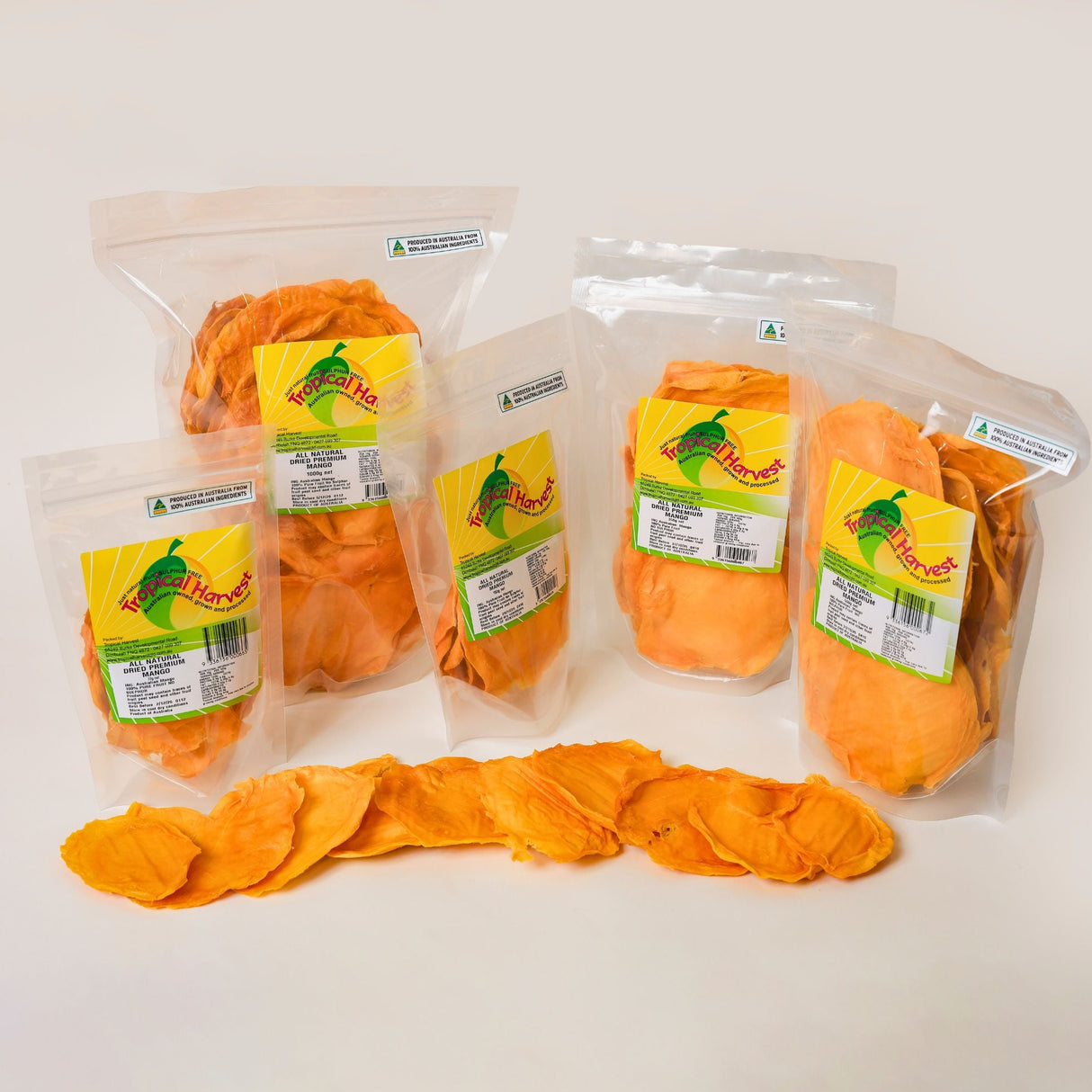 Premium Australian dried mango available in 70g, 150g, 350g, 500g and 1kg resealable bags.